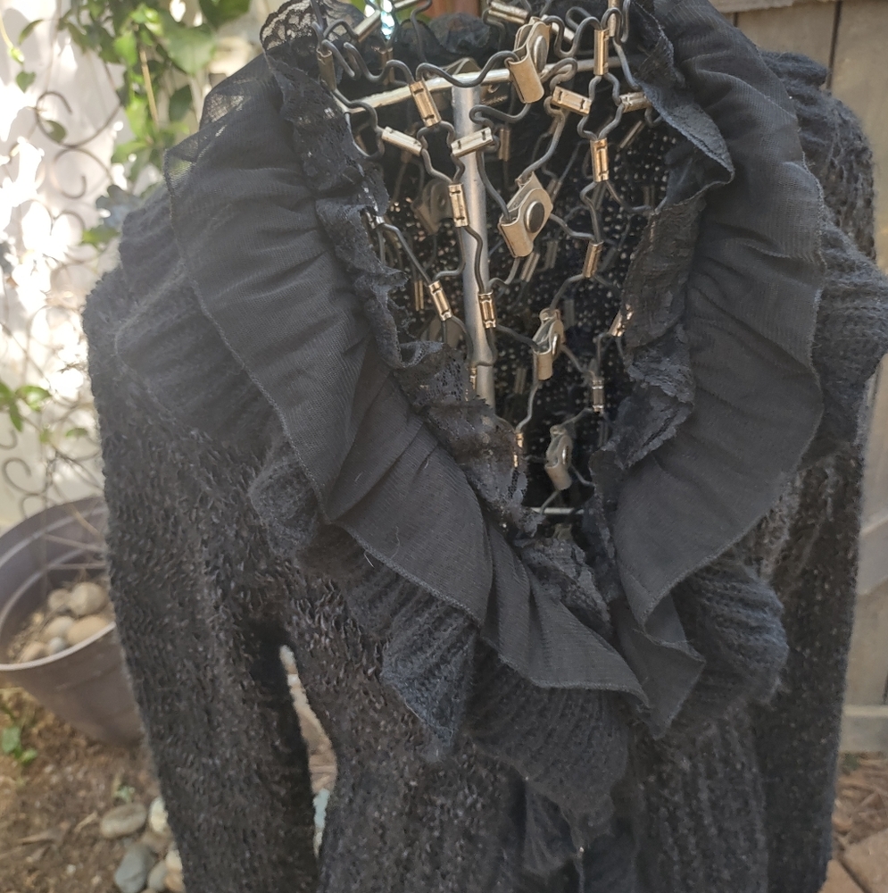 Elegant Black Ruffled Women's Sweater Duster - Picture 4 of 15